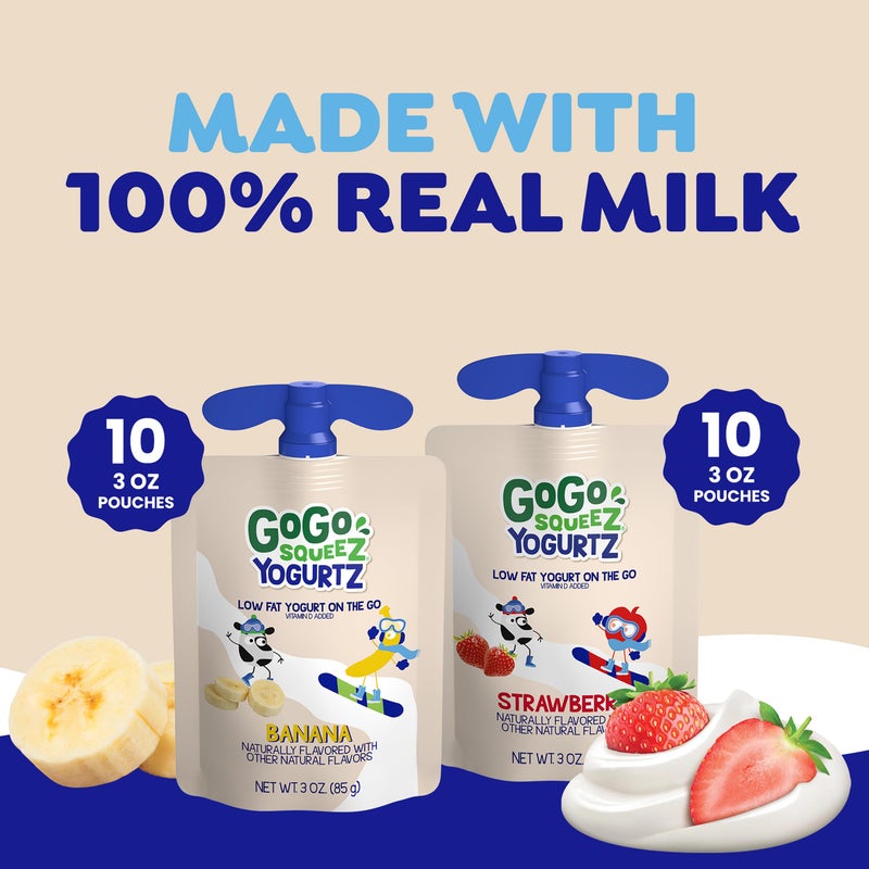 GoGo squeeZ yogurtZ Variety Pack, Strawberry & Banana, 3 oz (Pack of 20), Kids Snacks Made from Real Yogurt and Fruit, No Fridge Needed, Gluten Free, Nut Free, Recloseable Cap, BPA Free Pouches - Image 2